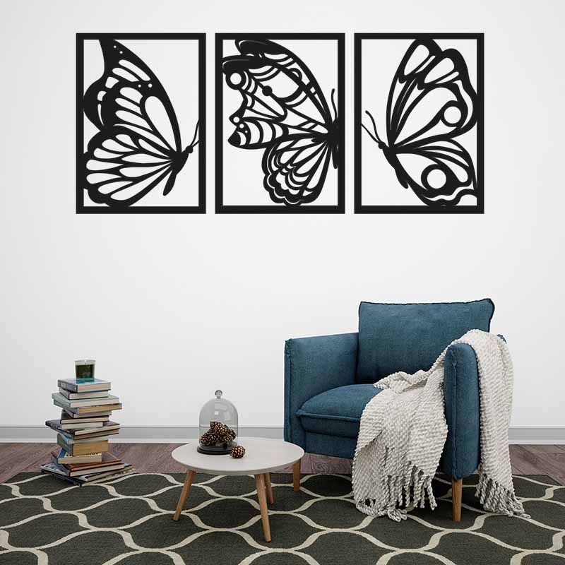دیوارکوب سالنی 3 تیکه طرح پروانه چوبی مشکی - دکوراسیون مدرن و هنری