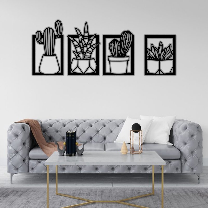 دیوارکوب چوبی طرح کاکتوس مجموعه چهار عددی - حکاکی لیزری روی چوب MDF - نصب آسان با چسب دوطرفه