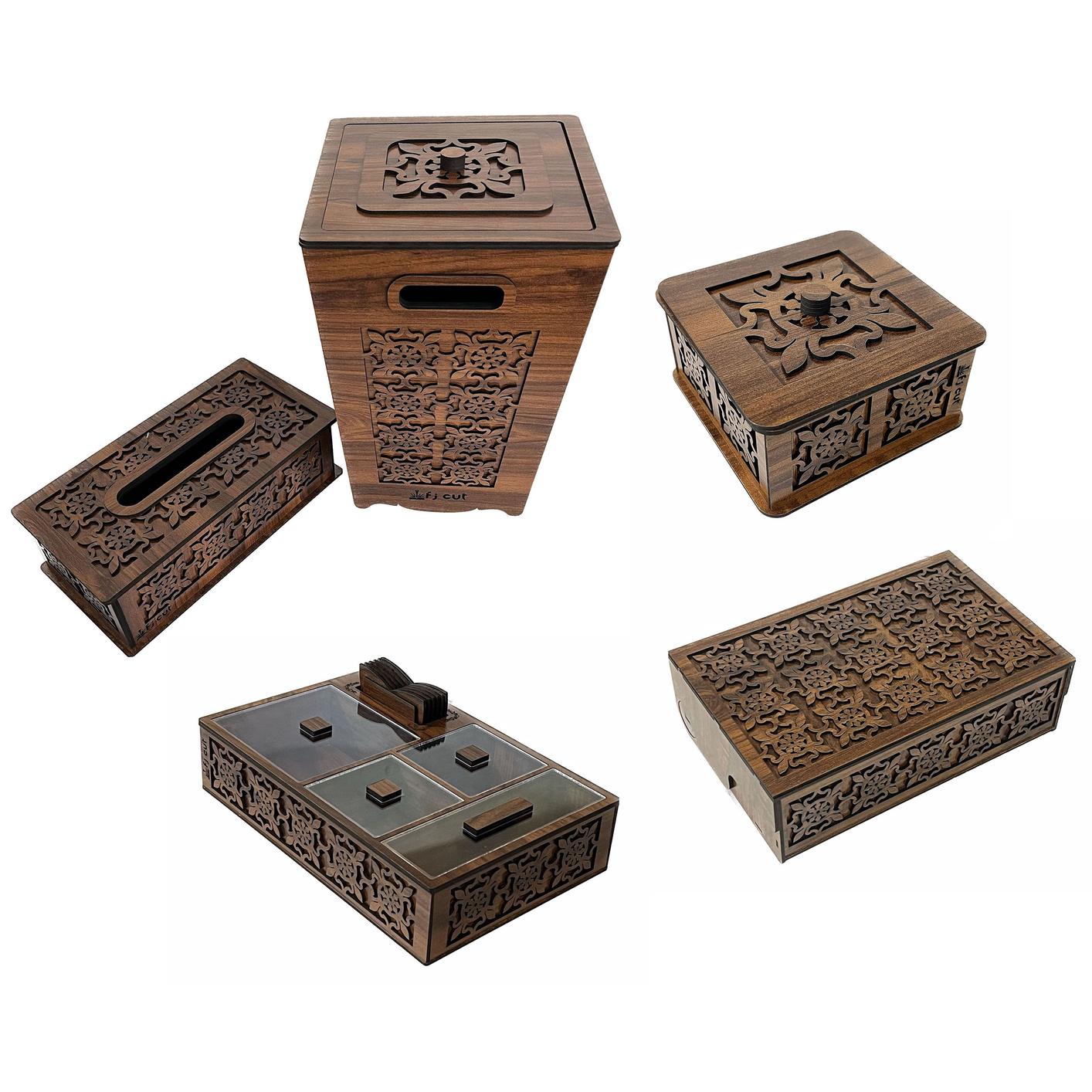 ست سطل و جای دستمال چوبی طرح گل به همراه شکلات خوری و جاکاردی و جعبه دمنوش