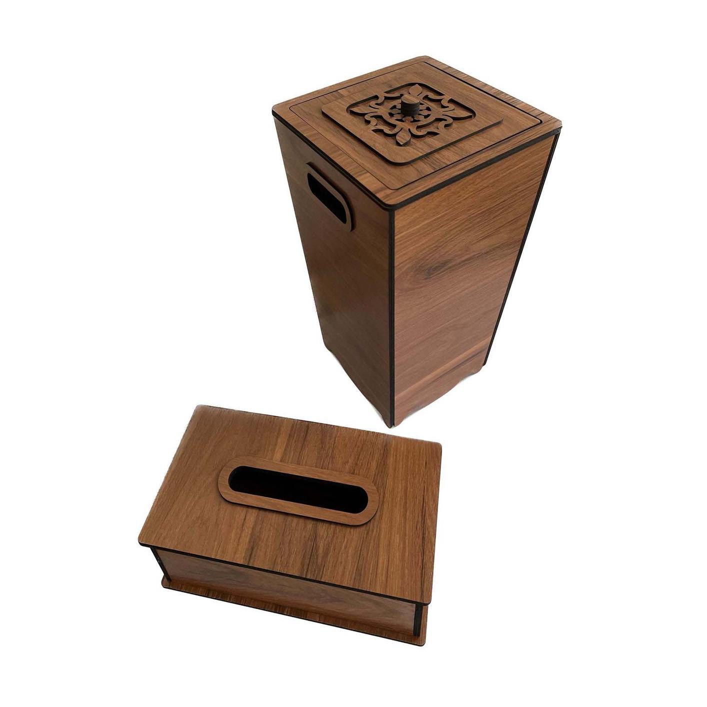 ست سطل و جای دستمال کاغذی چوبی مدل دولایه طرح چوب گردو