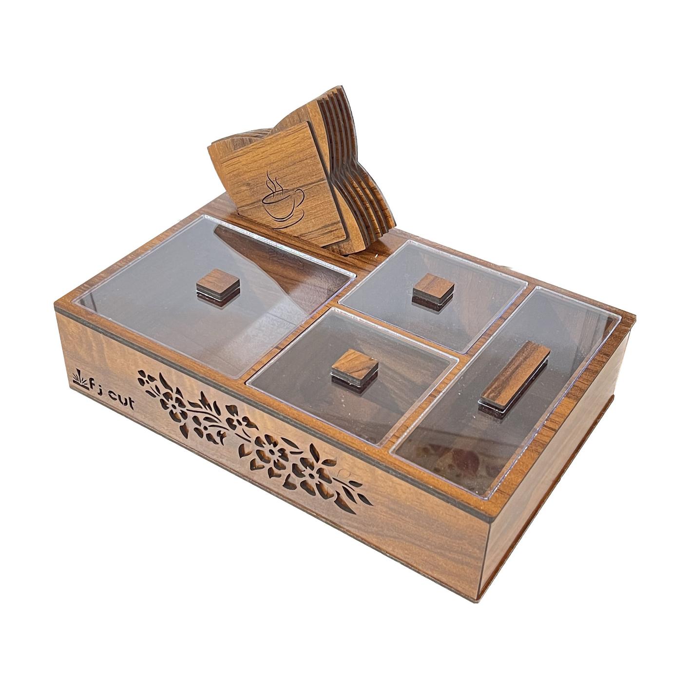 جعبه دمنوش و تنقلات رومیزی طرح گلدار به همراه زیر لیوانی